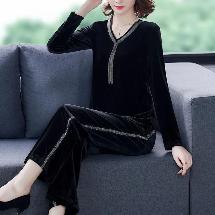 大码胖妹妹金丝绒套装女2025春装新款阔太洋气减龄休闲两件套