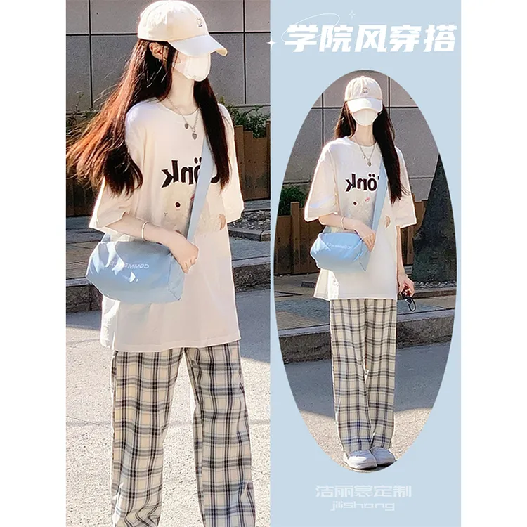 少女学院风休闲运动服套装夏季16格子17长裤18岁高中生一整套衣服