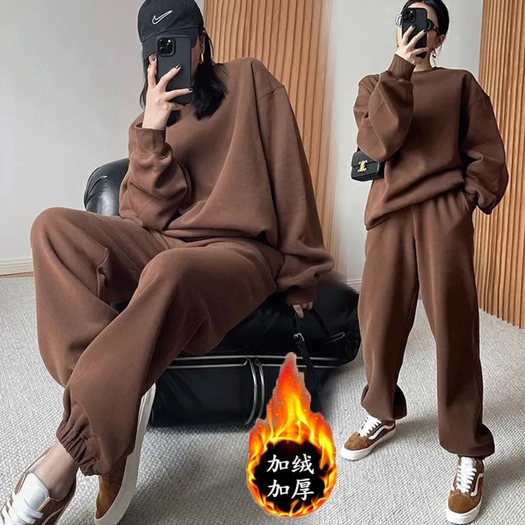 美式复古运动服卫衣套装女秋冬季加绒加厚宽松卫裤时尚休闲两件套
