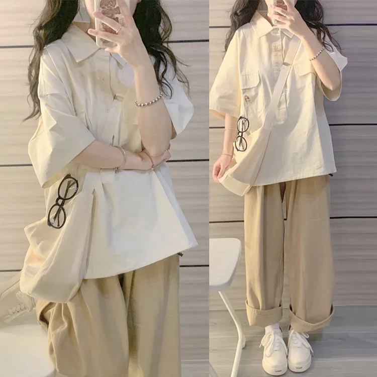 高个子女生学院风休闲套装夏季12-18岁翻领衬衫阔腿裤时尚两件套
