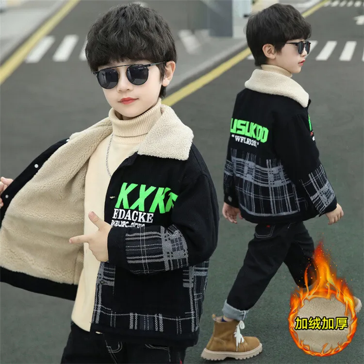 男童加绒加厚外套秋冬款2024新款儿童装中大童男孩冬季牛仔羊羔绒