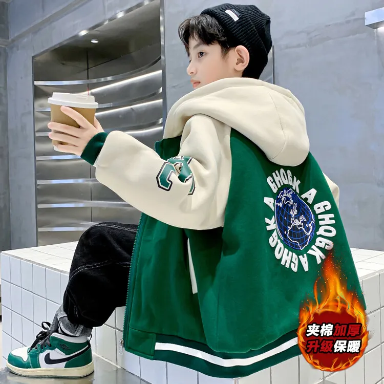 中大童冬季加绒棒球服外套男童宽松夹克百搭秋冬帅气童装保暖棉衣