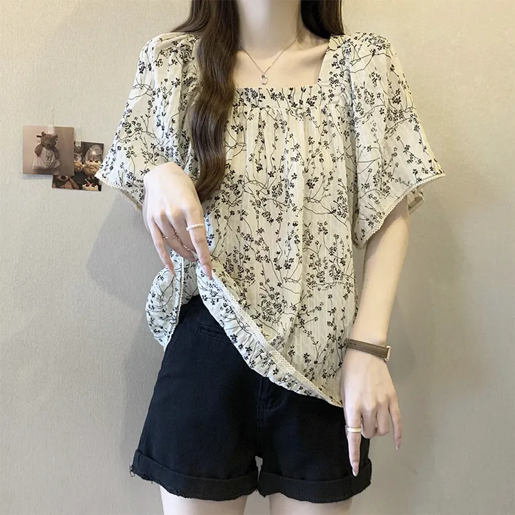 大码遮肚子方领减龄娃娃衫上衣女夏胖mm宽松显瘦碎花雪纺短袖衬衫