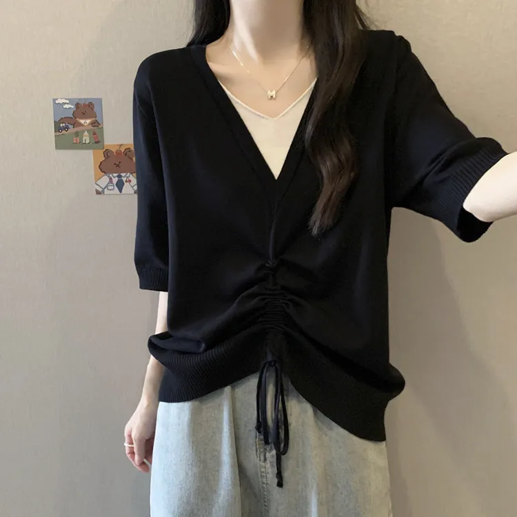 大码假两件拼接短袖冰丝T恤女夏季胖mm遮肚子显瘦百搭V领针织上衣