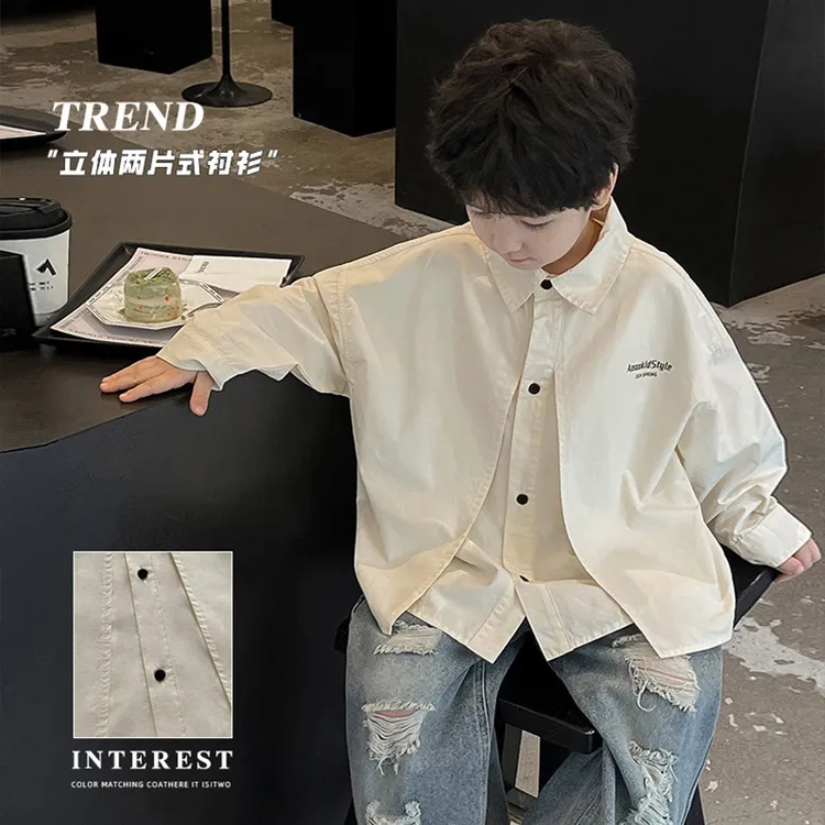 儿童衬衫2025春秋款男童假两件衬衣韩版百搭潮流中大童男孩上衣潮
