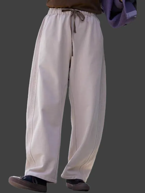 卡其色双条阔腿裤女高腰显瘦直筒弯刀裤百搭休闲