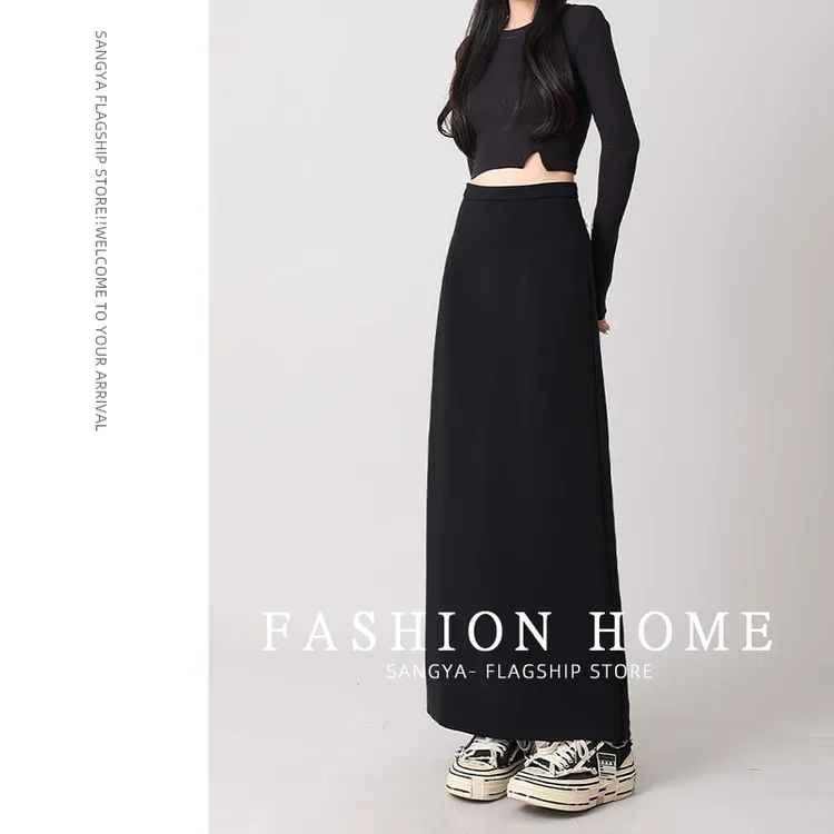 黑色长款毛呢半身裙女2025春秋冬后开叉裙直筒显瘦垂感高腰包臀裙