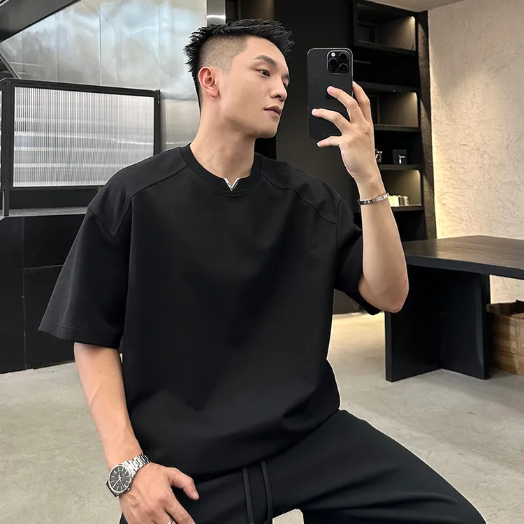 22号穿搭【显肩宽小V设计款】夏季男士短袖半袖T恤男高级感宽松上衣
