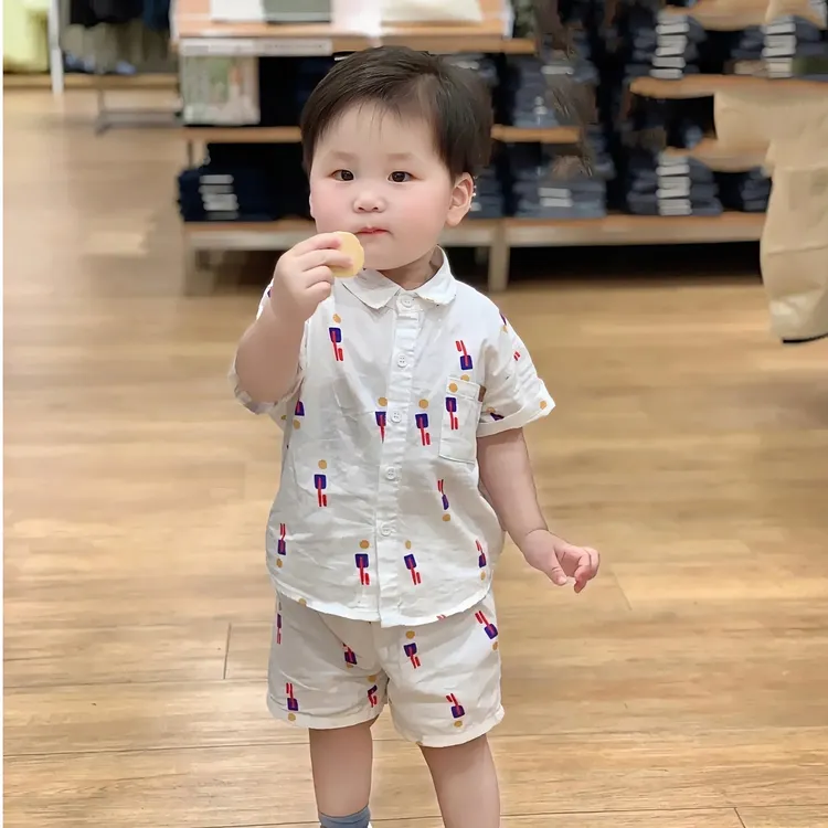 儿童印花T恤衬衫短裤套装2025夏季男女宝凉爽薄款五分短裤两件套