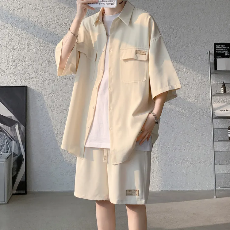 冰丝短袖衬衫短裤两件套装男夏季高级感男装一套搭配潮流上衣外套