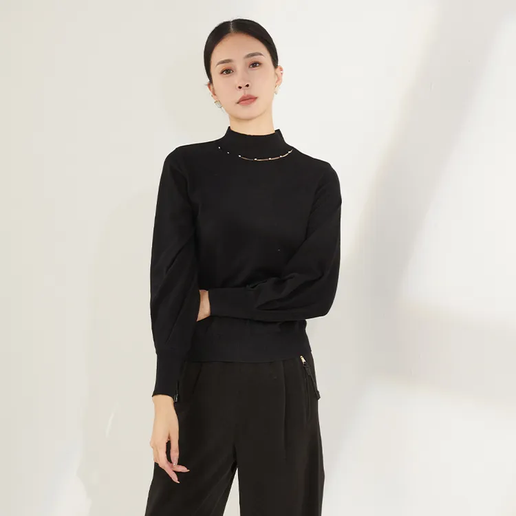EMOO/杨门半高领针织上衣女黑色中领毛衣纯色长袖毛衣E42A011104