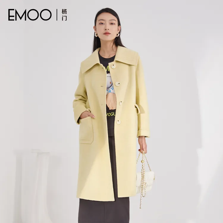 EMOO/杨门中长款毛呢外套女单排扣黄色双面呢秋冬大衣E43D037367