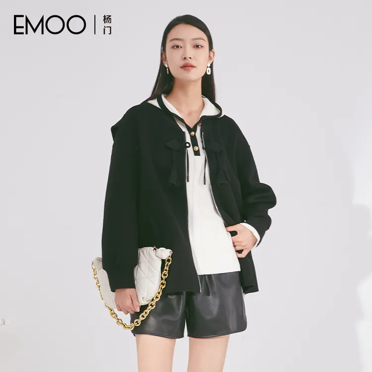 EMOO/杨门百搭黑色短外套女罗纹领拉链棒球服上衣E43D047082