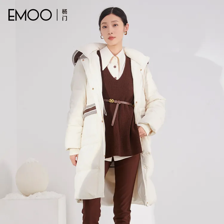 EMOO/杨门运动连帽羽绒服女冬季保暖中长款白色羽绒衣E43Y039327