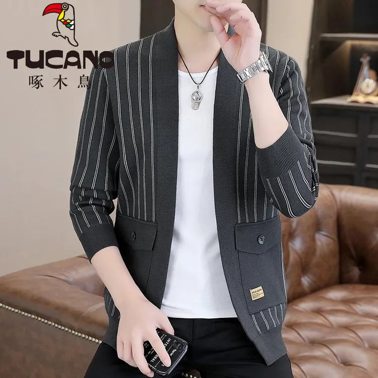 啄木鸟无扣开衫外套男春秋季男士针织夹克2024潮流外穿毛衣上衣服