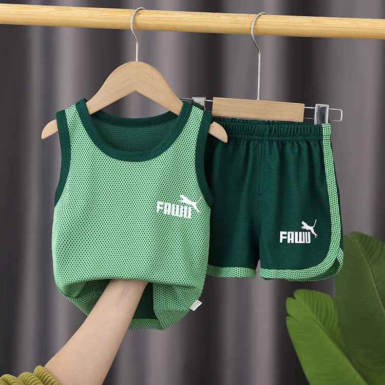 儿童背心速干套装夏季男女童休闲无袖运动俩件套中大童网眼篮球服商品图