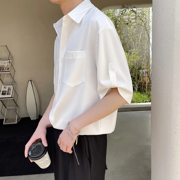 白色衬衫男短袖潮牌潮流高级感冰丝衬衣休闲痞帅外套夏季宽松百搭