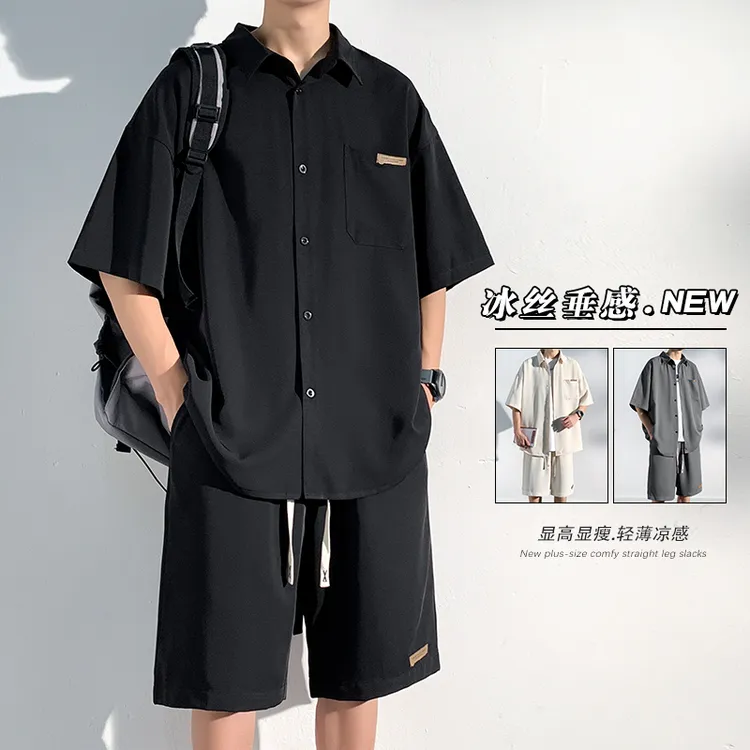 休闲套装男夏季潮牌高级感帅气冰丝宽松大码短袖衬衫短裤一套搭配