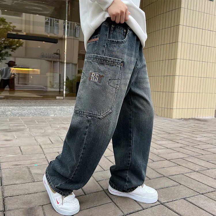 男童加绒牛仔裤秋冬2024新款中大童宽松直筒长裤潮牌男孩冬装裤子