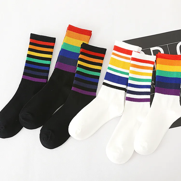 网红黑白色长筒条纹秋冬鲨鱼ins彩虹双女中筒纯棉白色袜子女中筒