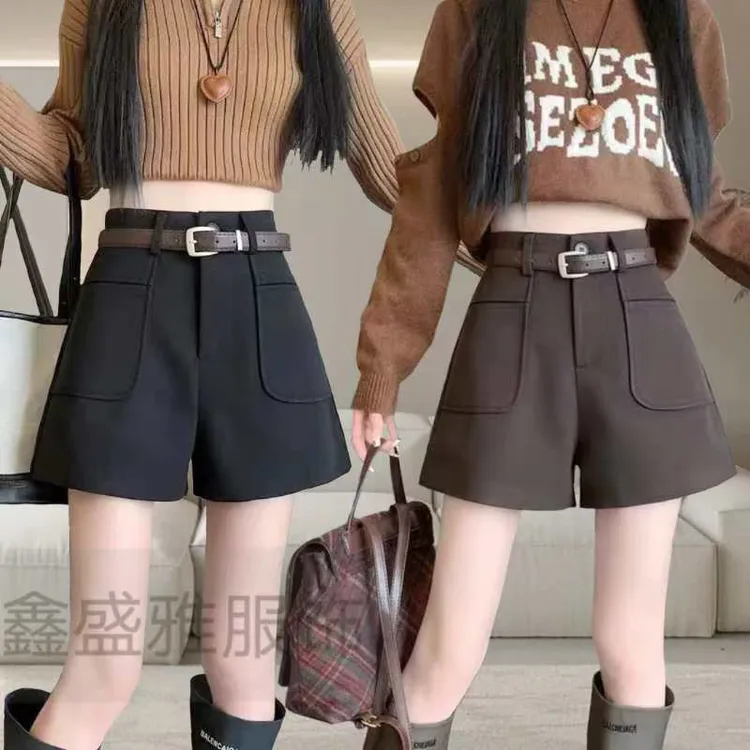 秋冬毛呢短裤女黑色高腰显瘦休闲外穿宽松小个子时尚百搭冬季靴裤