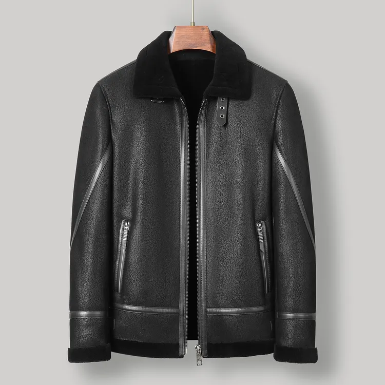 2025海宁男士真皮皮夹克冬季新款皮毛一体翻领机车休闲绵羊皮外套