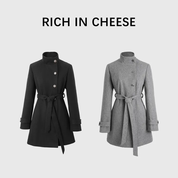 RICHINCHEESE 典雅莫兰 法式气质立领夹棉毛呢大衣黑色高级感外套