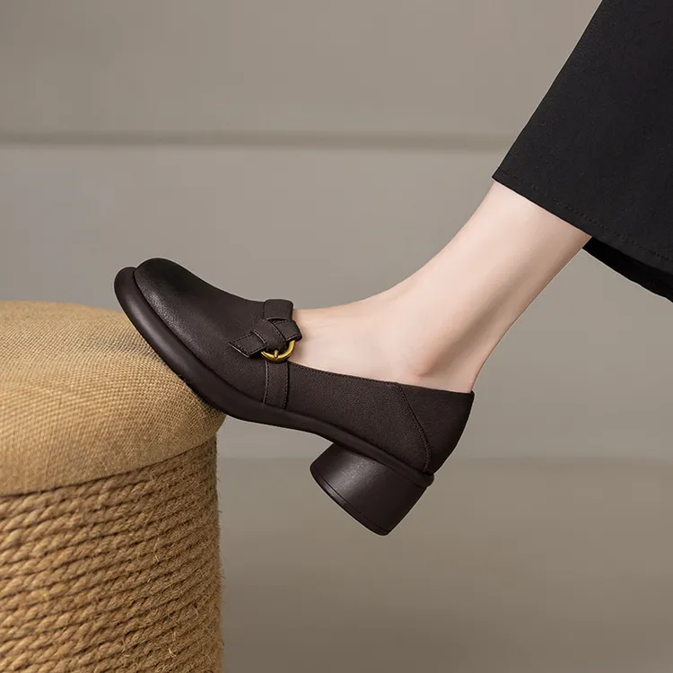 舒适羊皮厚底深口单鞋英伦风复古玛丽珍擦色小皮鞋一脚蹬乐福鞋女