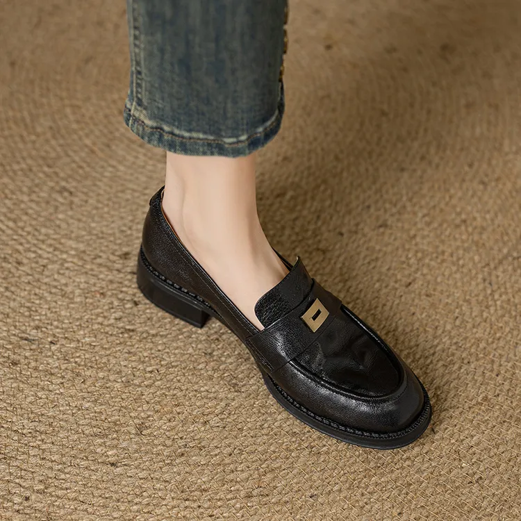 巨好穿真皮圆头一脚蹬乐福鞋女法式复古英伦风百搭小皮鞋粗跟单鞋