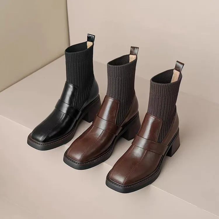 法式针织粗跟短靴女切尔西方头真皮高跟瘦瘦靴棕色马丁靴弹力袜靴