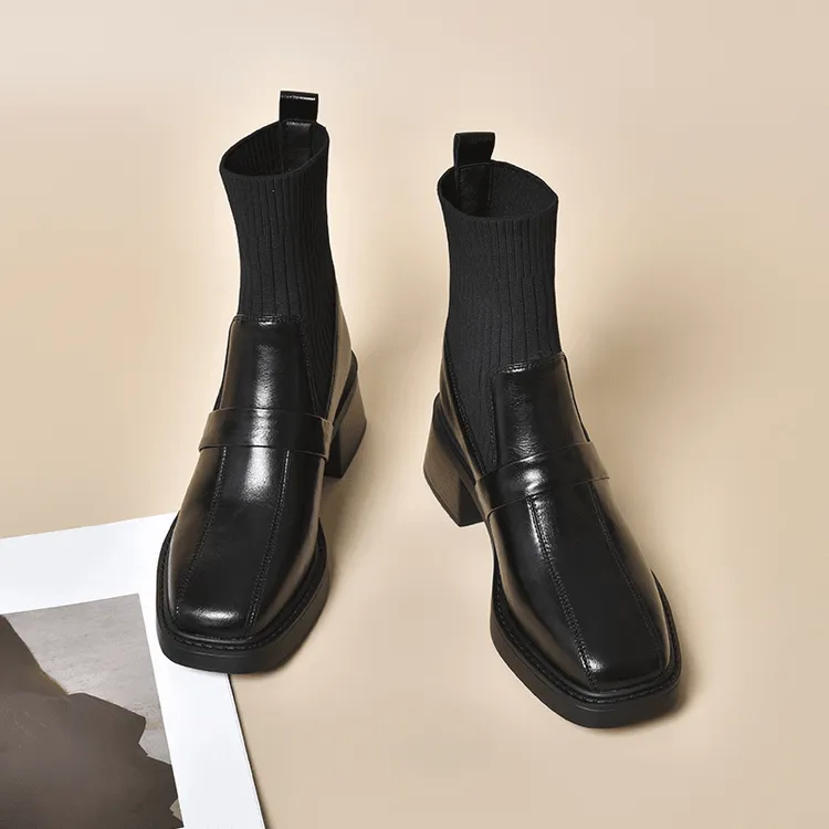 2025秋季新款复古粗跟牛皮手工靴针织英伦风方头弹力靴袜靴女短靴