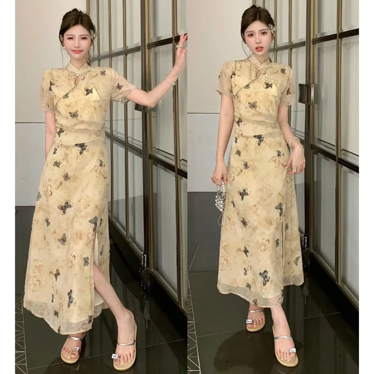 胖妹妹遮肚金丝剪花小立领国风新中式收腰复古连衣裙大码女装夏季