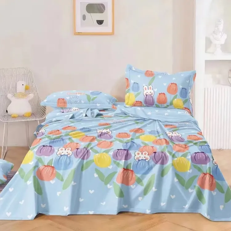 【花间兔兔】纯棉缎条2.35×2.4卡通双人床单加厚