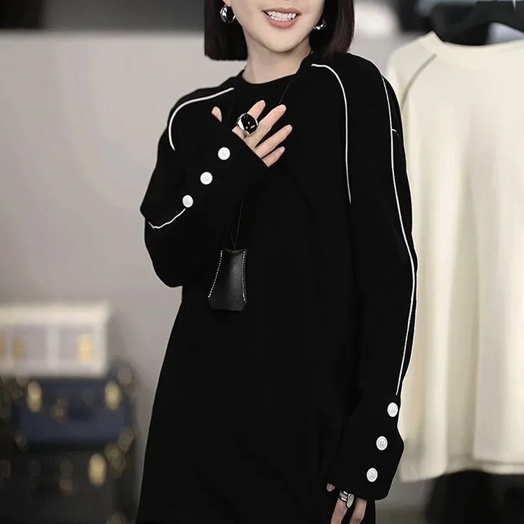 韩系撞色纽扣设计感长袖圆领T恤女秋季新款宽松休闲洋气减龄上衣