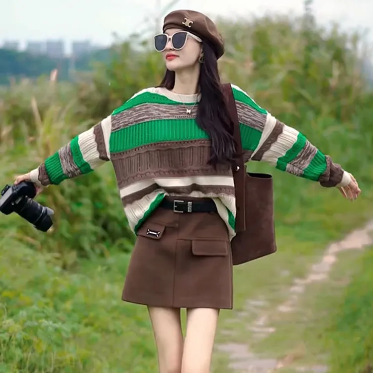 春季穿搭一整套时尚套装女2026早春新款条纹针织上衣半身裙两件套