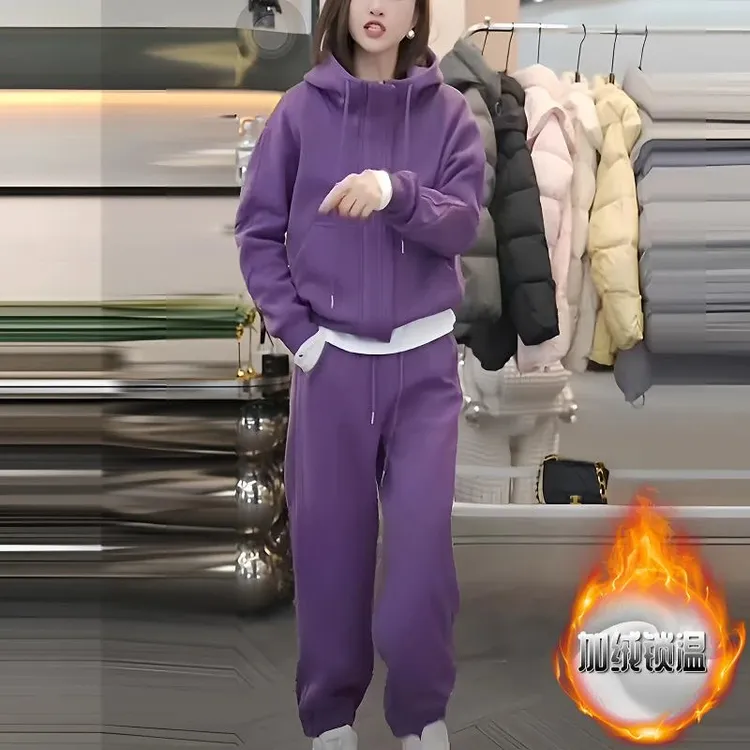 慵懒风休闲一整套穿搭女秋冬新款连帽长袖卫衣高腰直筒裤加绒套装