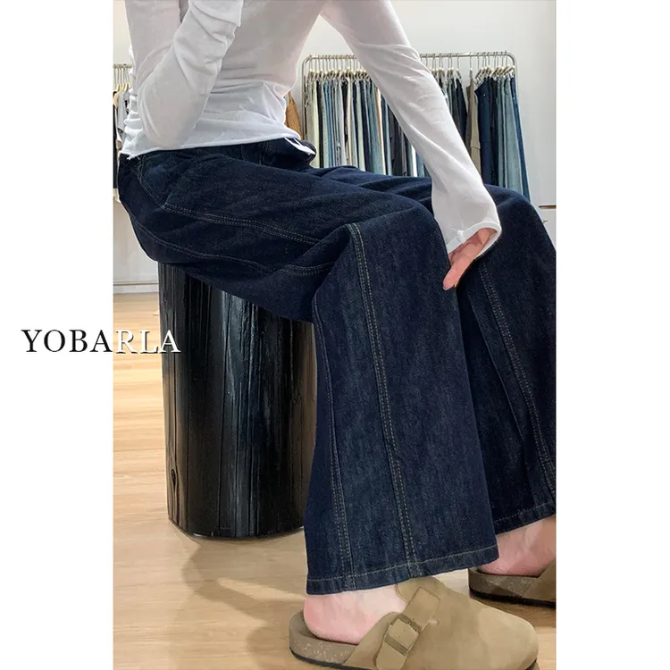 深蓝色直筒牛仔裤女冬季加绒高腰大码胖mm宽松显瘦梨形身材阔腿裤