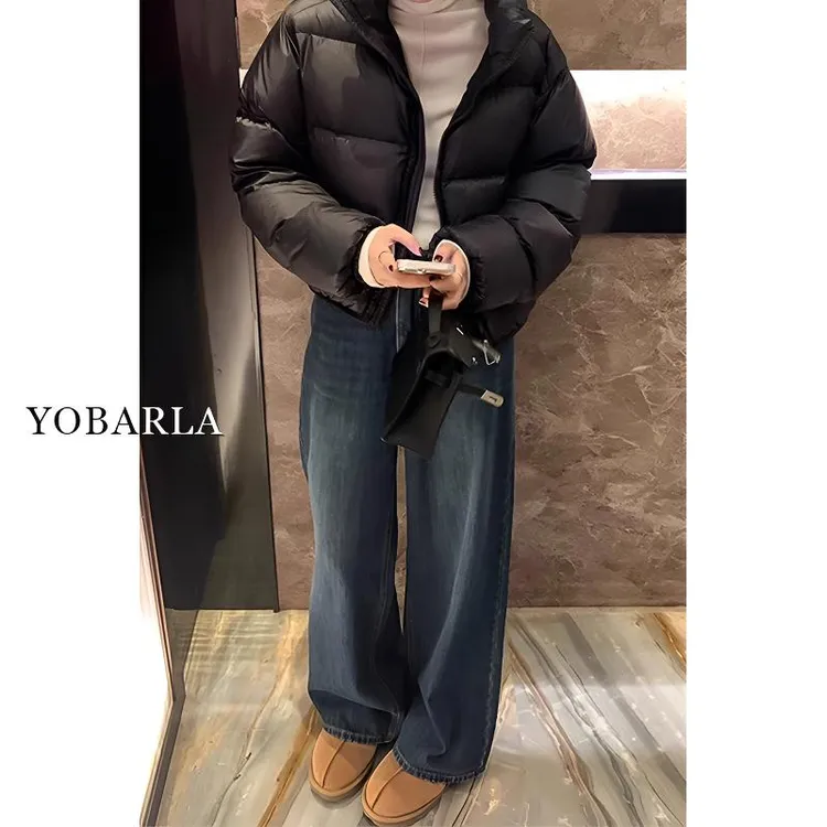 蓝灰色直筒牛仔裤女秋冬胖mm高腰单宽松加绒梨形身材爆款阔腿裤子