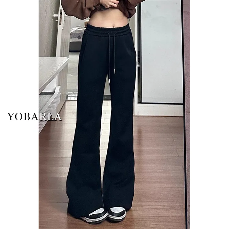黑色微喇休闲裤女秋季新款弹力大码加绒梨形身材显瘦高腰运动卫裤