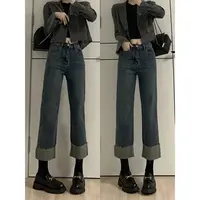 高腰直筒牛仔裤女秋季新款大码百搭宽松显瘦小个子卷边九分烟管裤