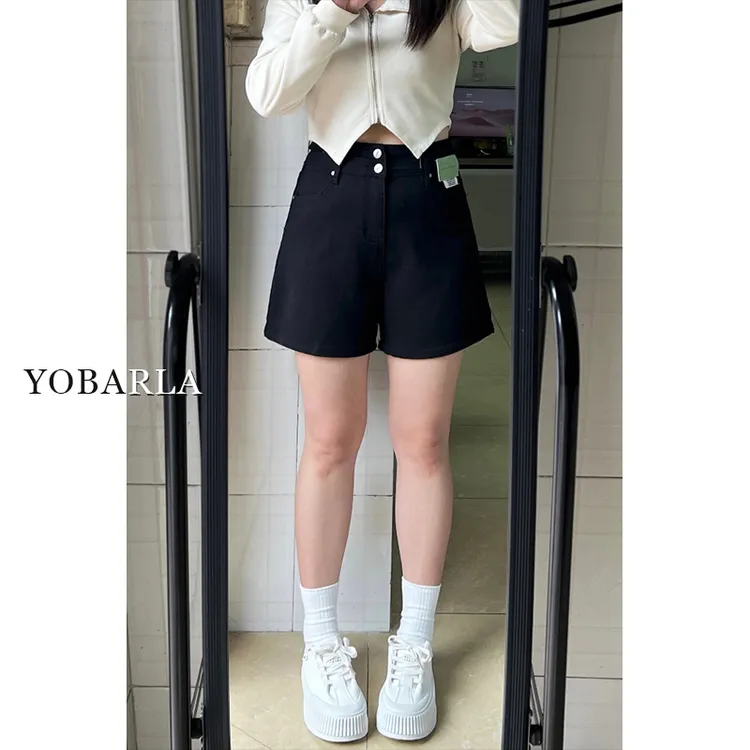 黑色牛仔短裤女秋冬新款大码高腰宽松显瘦梨形身材阔腿a字热裤子