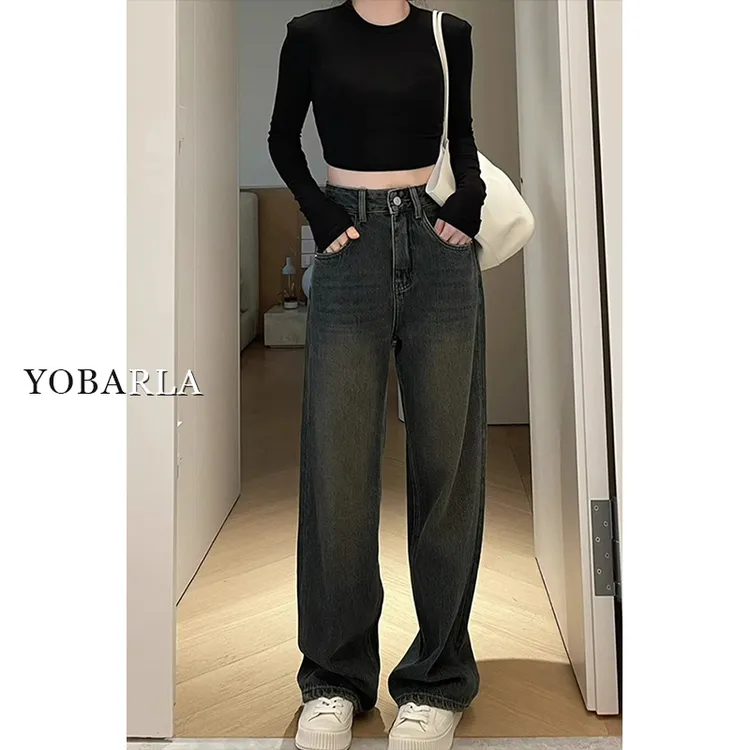 水泥灰阔腿牛仔裤女秋季新款高腰宽松显瘦大码胖mm梨形身材直筒裤