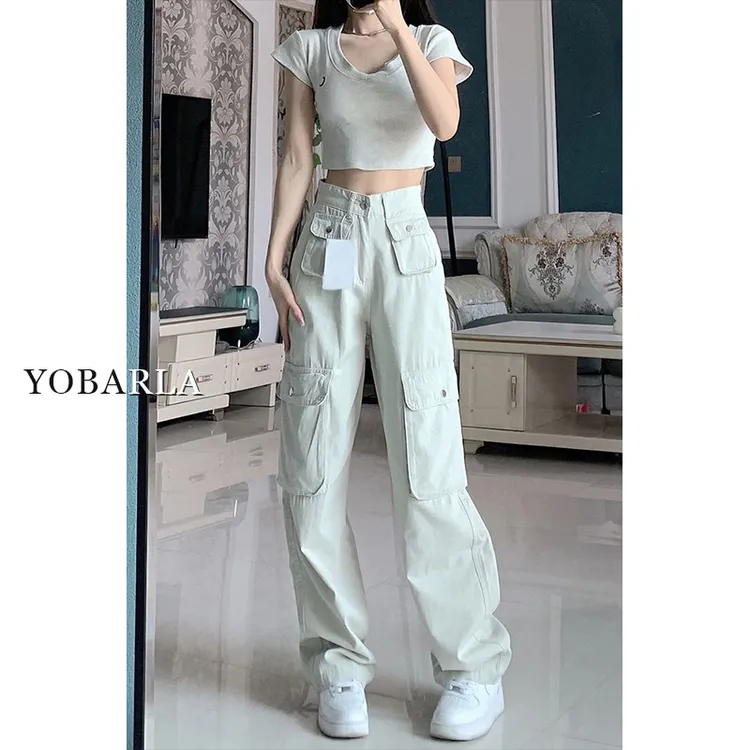 美式白色复古工装裤女秋冬新款高腰宽松大码显瘦阔腿直筒休闲裤子