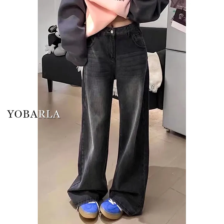 黑灰色直筒牛仔裤女秋季新款大码胖mm宽松显瘦梨形身材高腰阔腿裤