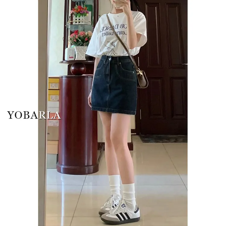 深蓝色牛仔短裙女高腰夏季新款大码显瘦梨形身材小个子a字半身裙