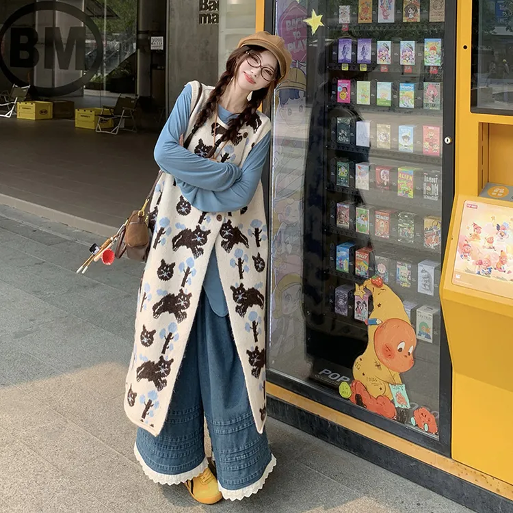 猫咪提花针织马甲女复古背心裙不规则打底衫宽松牛仔裤三件套装女