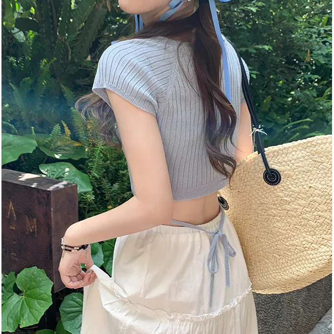 后背系带小心机极简风短袖针织女夏季甜辣风竖条纹短款上衣设计感