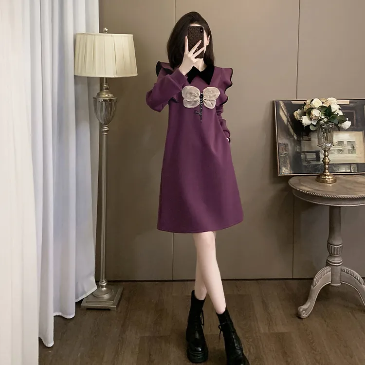 紫色长袖连衣裙秋冬高级感时尚减龄法式裙子显瘦气质轻奢高端女装