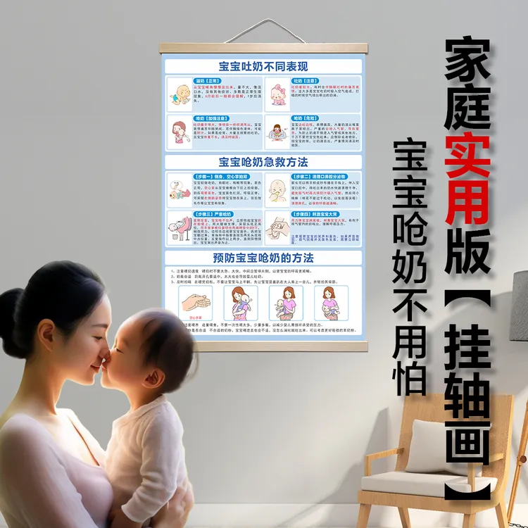 宝宝呛奶急救法挂图家用实木卷轴挂画婴儿吐奶呛奶急救知识海报画