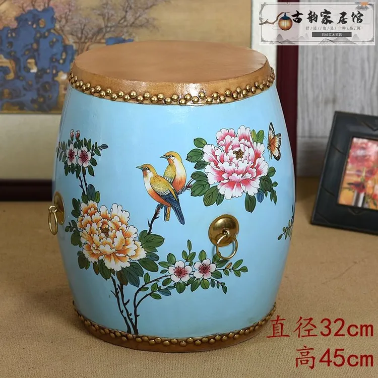 45高实木鼓凳中式牛皮彩绘古筝凳换鞋凳琴凳实木古典家用沙发凳